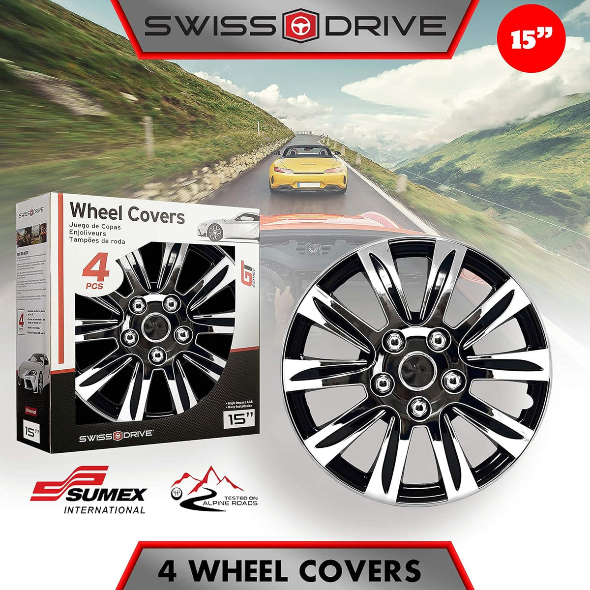 Chrome and Black 15-Inch Set of 4 Car Wheel Hubcaps B589