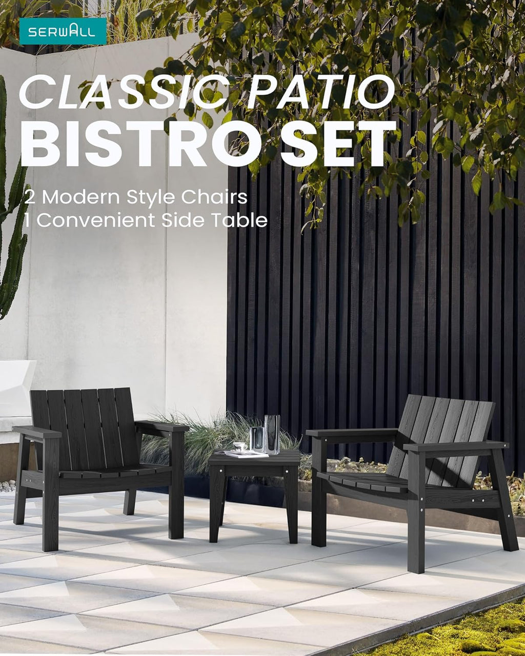 3 Piece HDPE Adirondack Chair Set with Side Table Black R232014