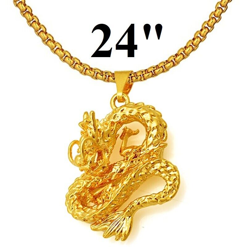 18k Gold Filled Dragon Pendant Cuban Link Chain 24" Necklace Q735