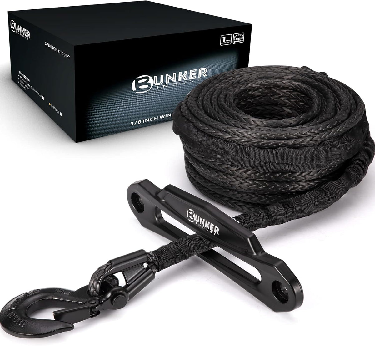 Synthetic Winch Rope Kit, 3/8 x 100', 23809LBS, with Protective Sleeve, Fairlead, Hook, Orange L3618