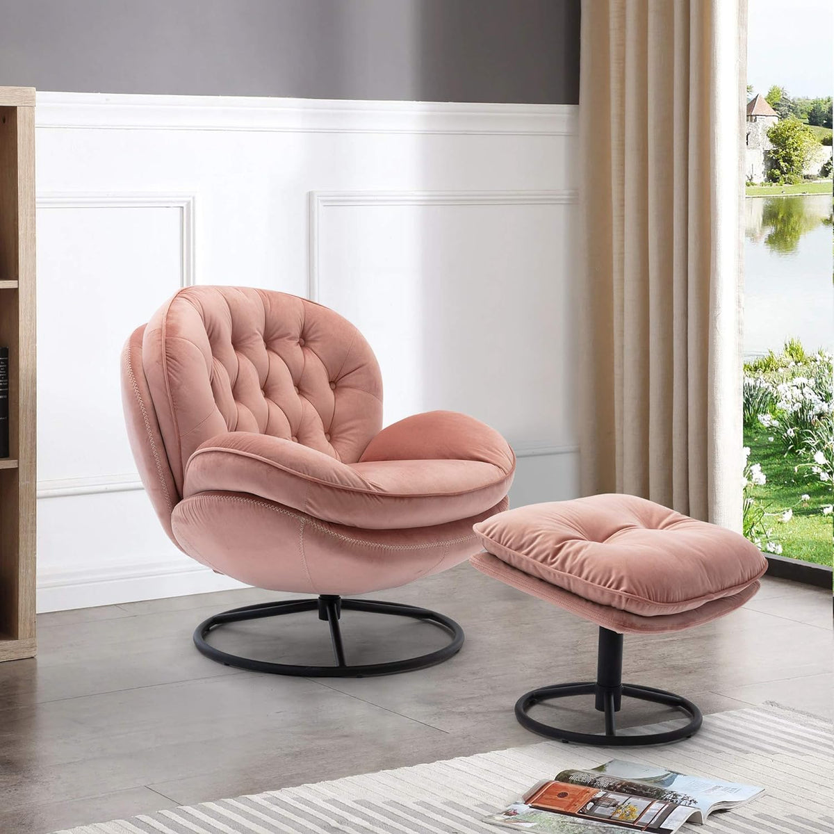 Swivel Velvet Lounge Chair with Ottoman and Metal Frame B5492