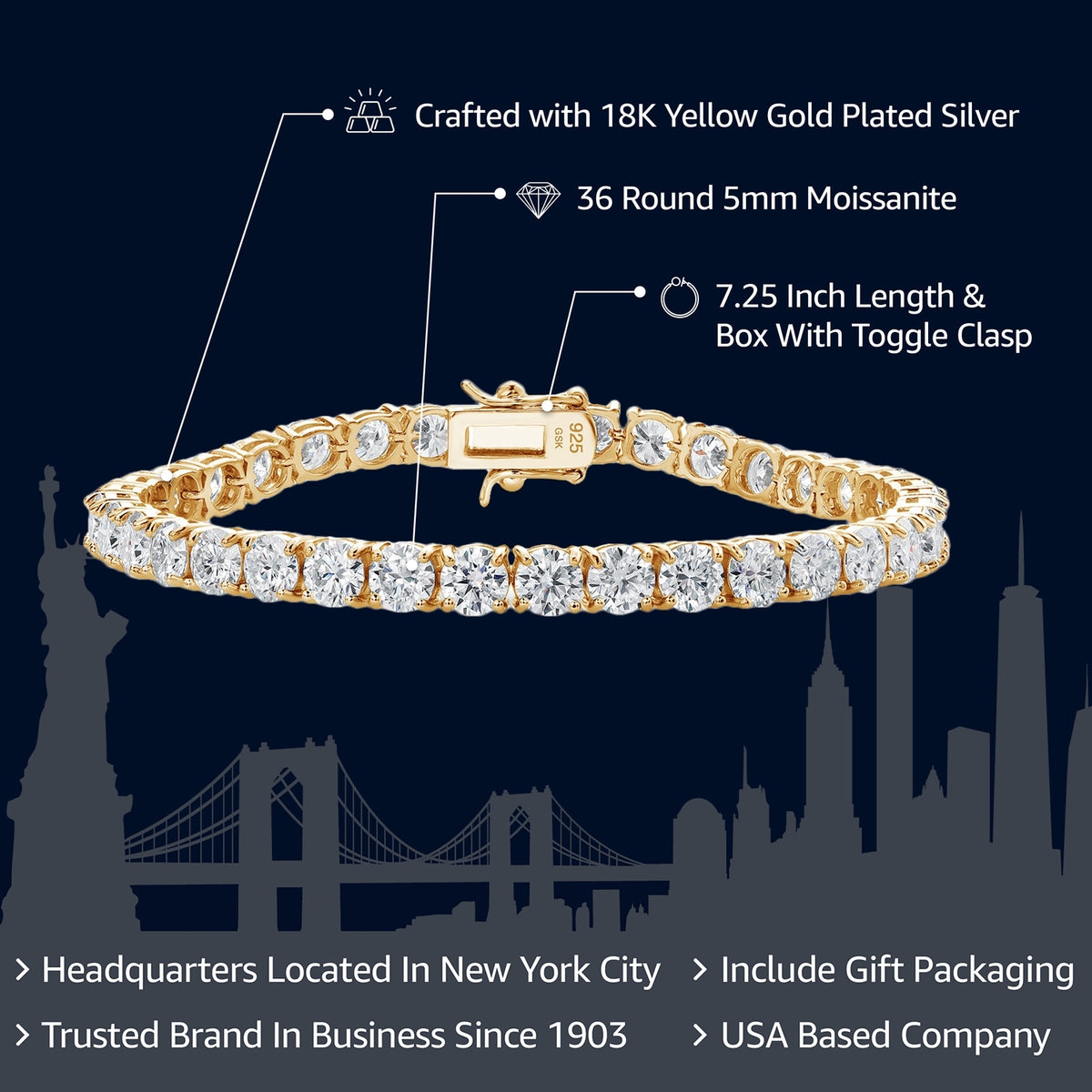 18K Yellow Gold Plated Silver White Moissanite Tennis Bracelet P3705