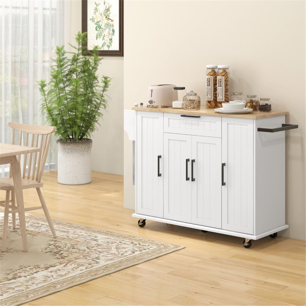 White Rolling Kitchen Island with Solid Wood Drop Leaf J57552