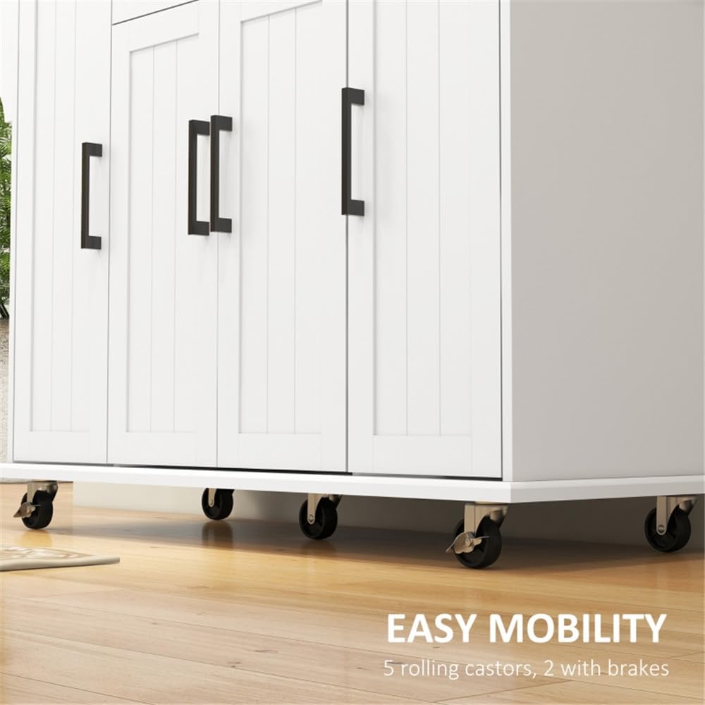 White Rolling Kitchen Island with Solid Wood Drop Leaf J57552