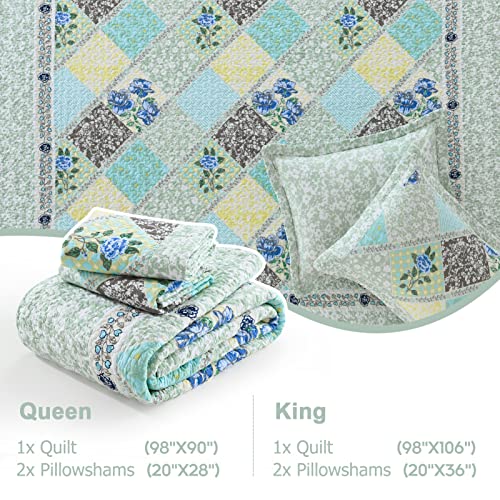 Blue Grey 100% Cotton Queen Size 3-Pieces Quilt Bedding Set W6992