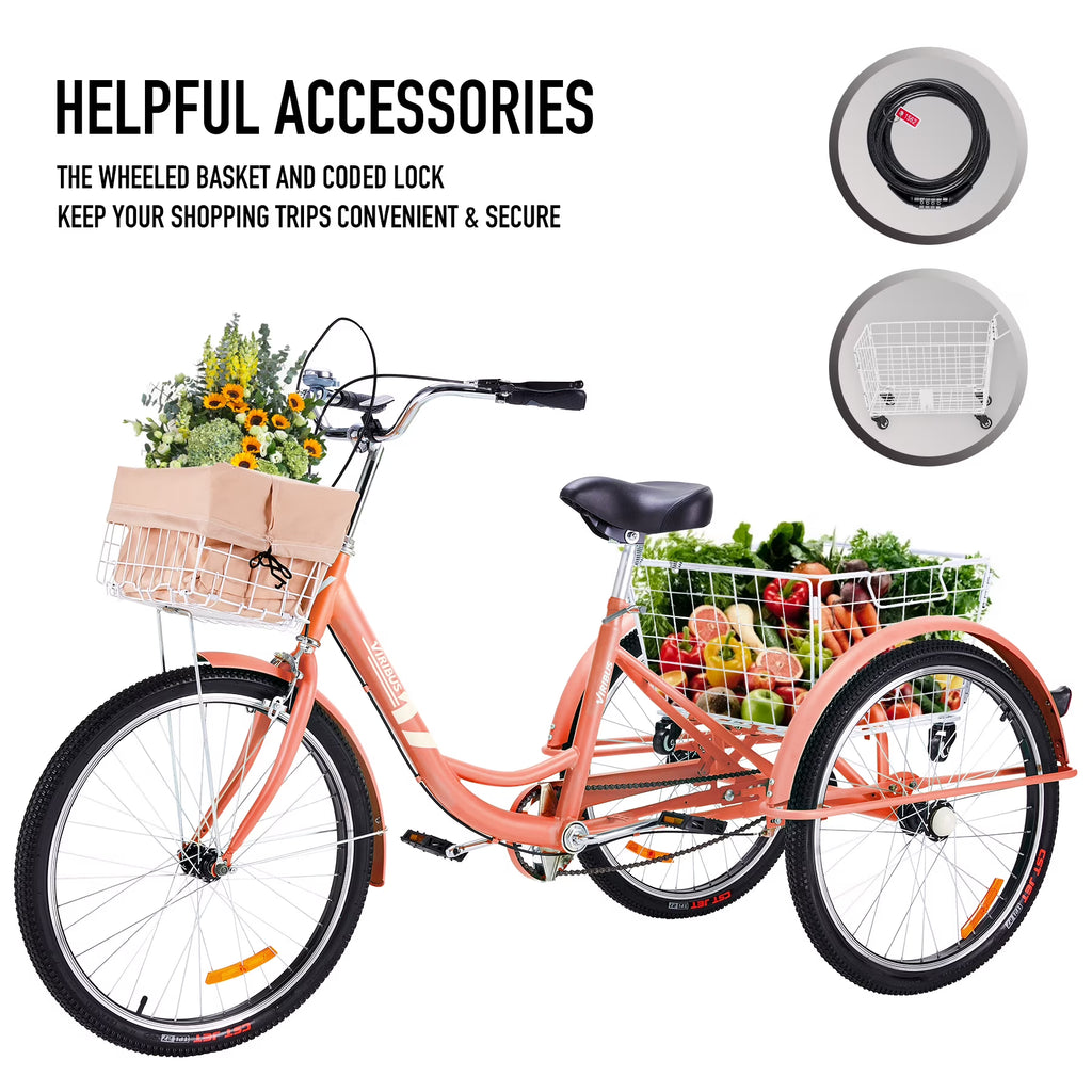 26Inch Single Speed Adult Tricycle 3 Wheel Cruiser Bike with Removable Wheeled Basket P45030