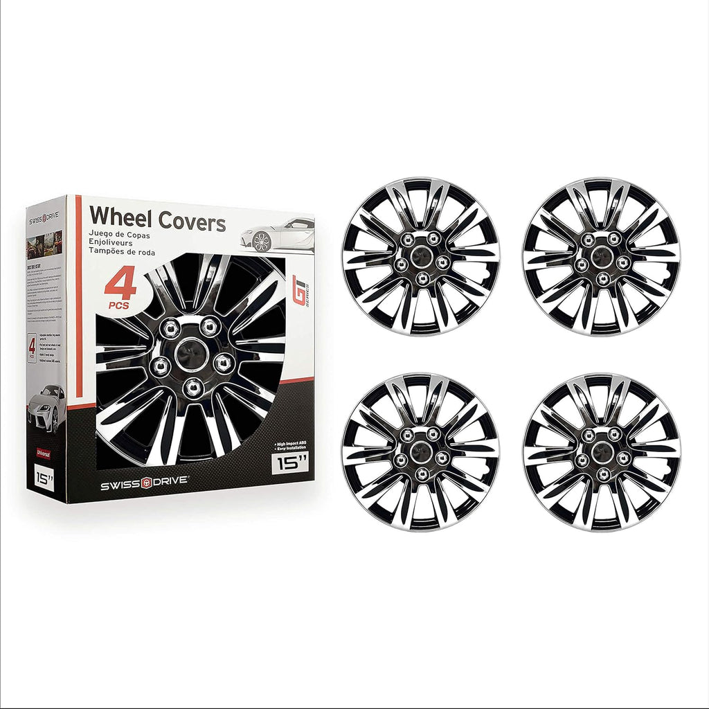 Chrome and Black 15-Inch Set of 4 Car Wheel Hubcaps B589