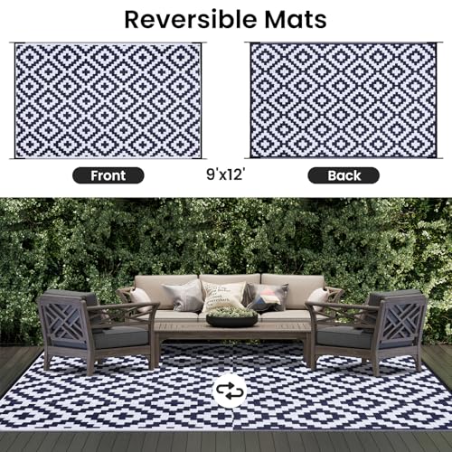 Black & Beige 5x8 ft Reversible Plastic Straw Outdoor Rug C9075