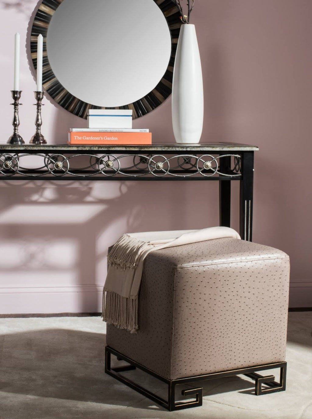 Cream Gold Faux Ostrich Ottoman Y983