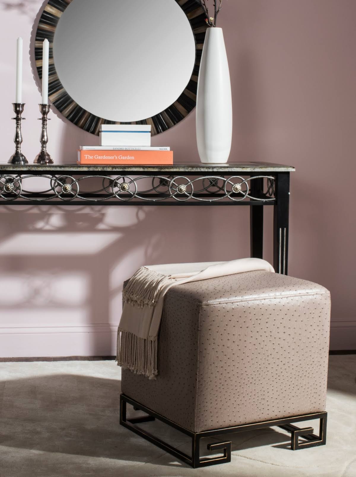 Cream Gold Faux Ostrich Ottoman Y983