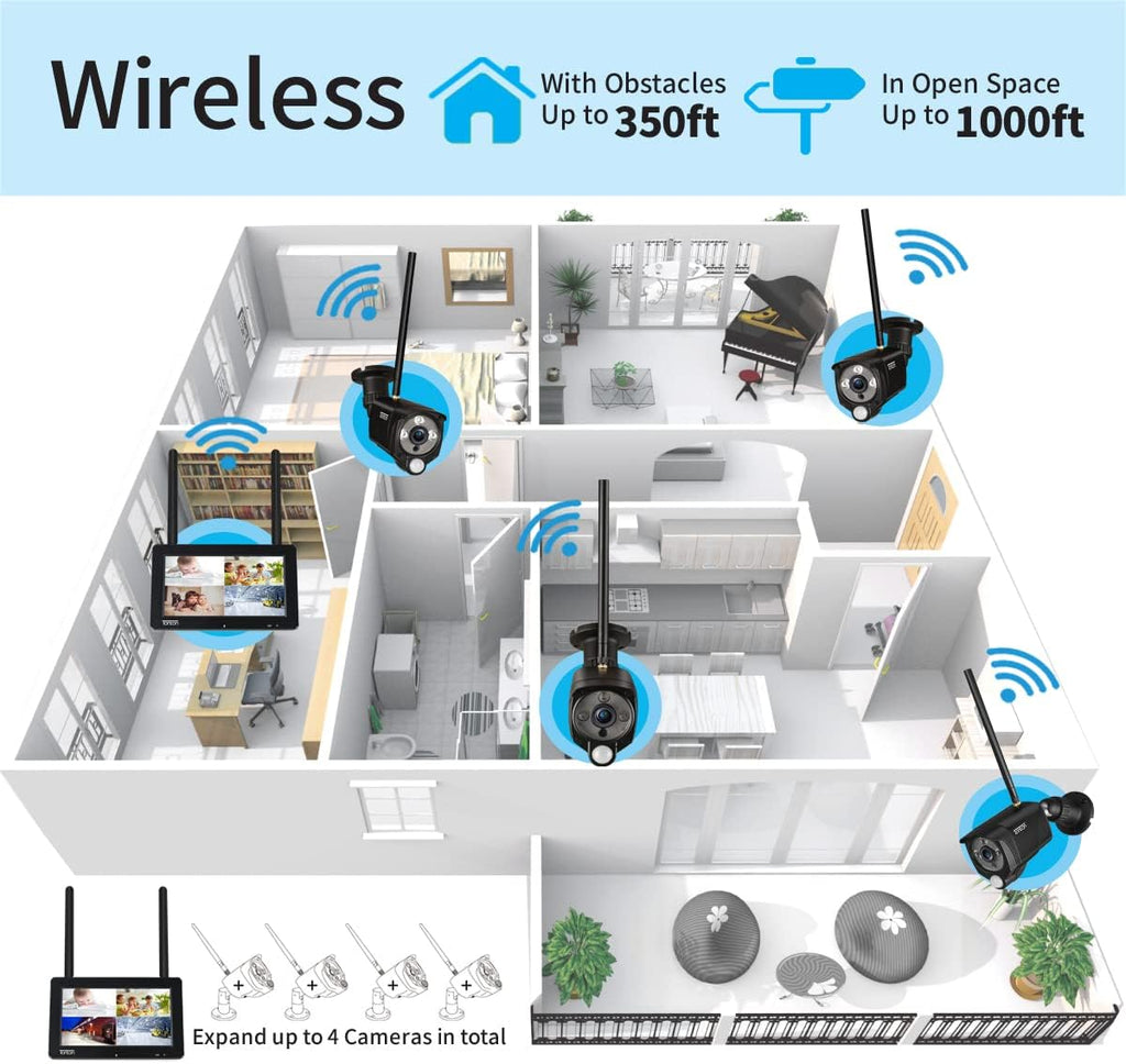 Portable LCD Security Camera System Wireless, 7" IPS Touchscreen Monitor with Battery, 4CH NVR and 4PCS 3MP Cameras with PIR Sensor, 32GB SD Card Included N6722