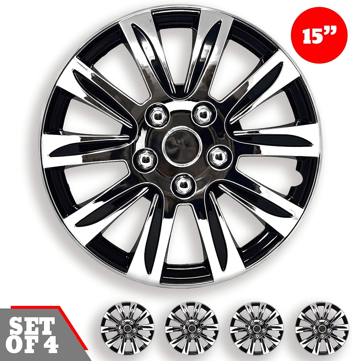 Chrome and Black 15-Inch Set of 4 Car Wheel Hubcaps B589