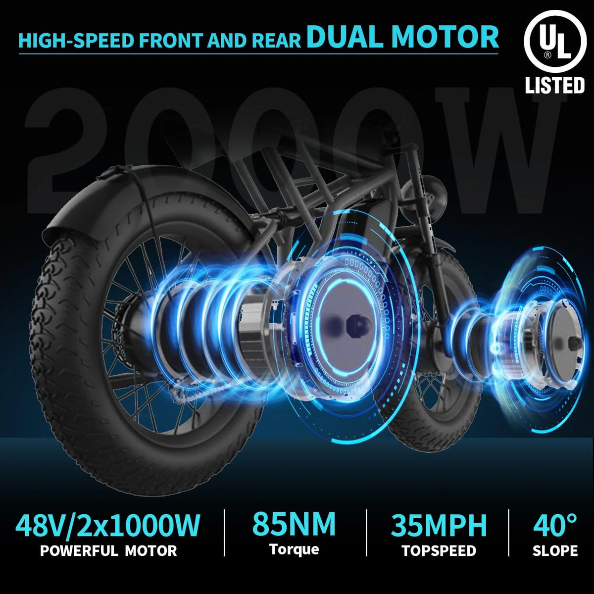 Dual Motor Dual Battery 2000W 48V 40Ah 55Ah 20"x4.0" Fat Tire Electric Bike J91317