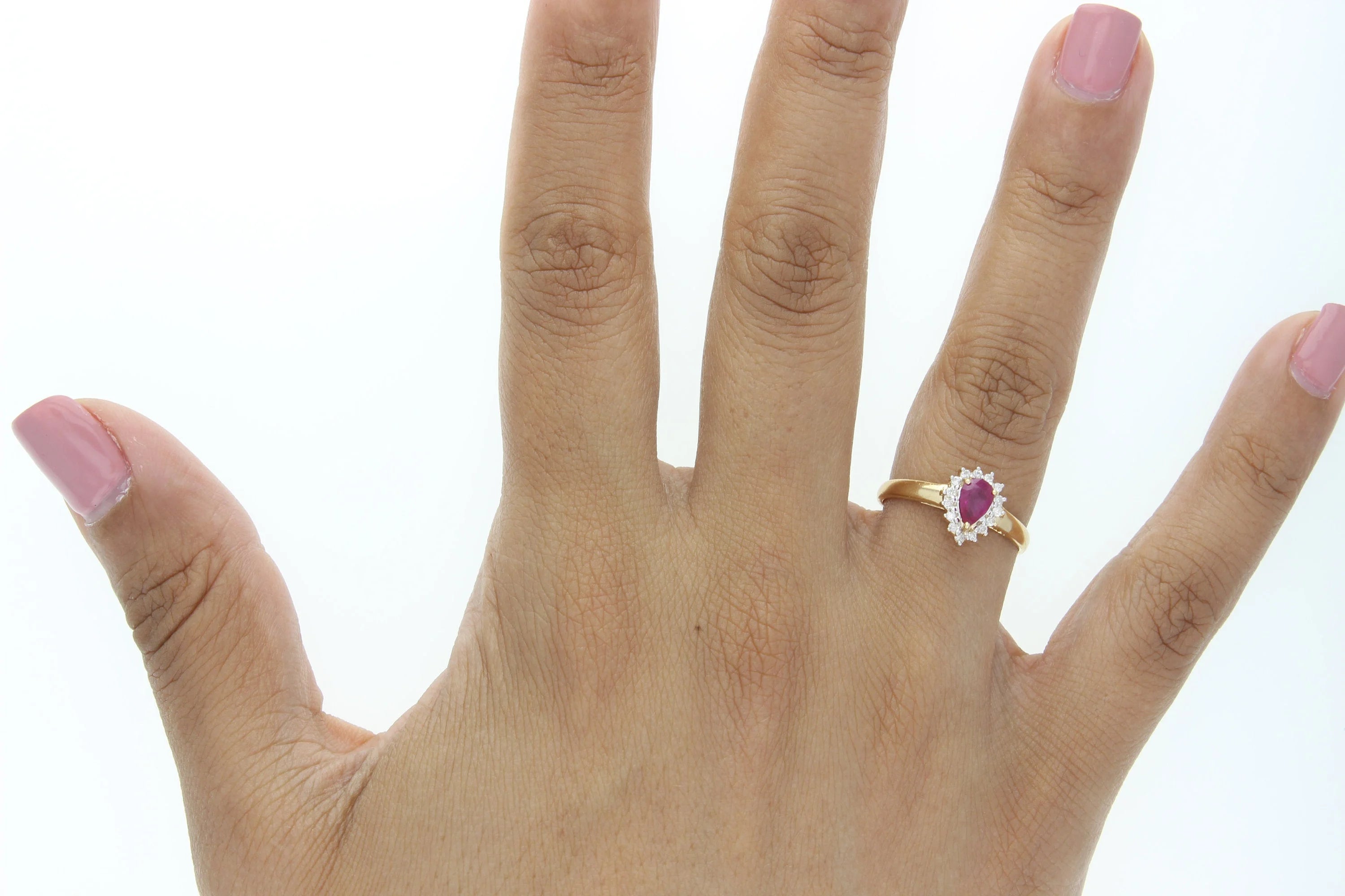 Pear Shaped Ruby Diamond Halo Engagement Ring 14K Yellow Gold L23237