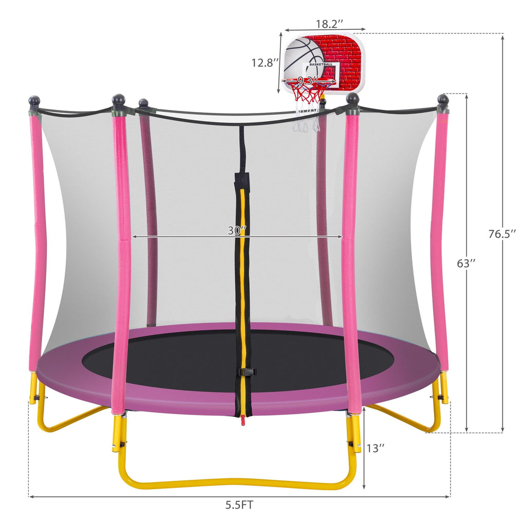Pink Round Mini Toddler Trampoline with Enclosure and Basketball Hoop H358204