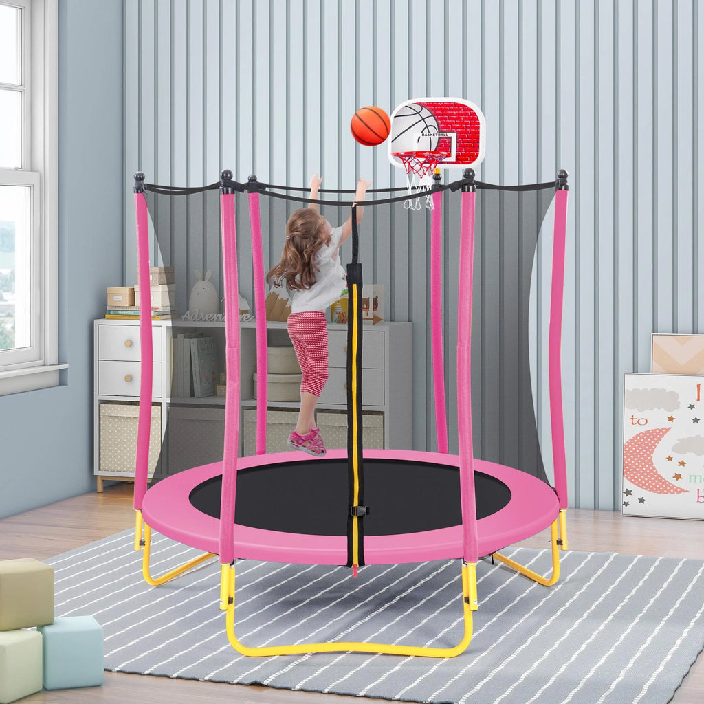Pink Round Mini Toddler Trampoline with Enclosure and Basketball Hoop H358204