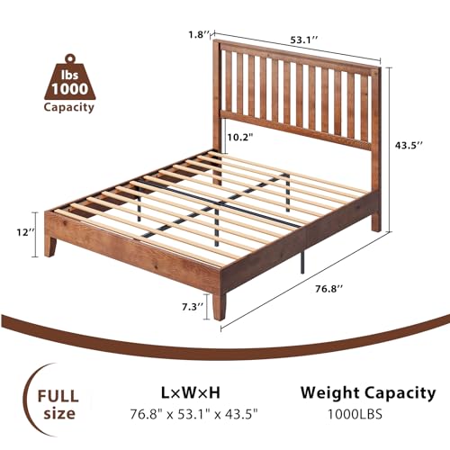 Walnut Full Size Solid Wood Platform Bed with Headboard M67220