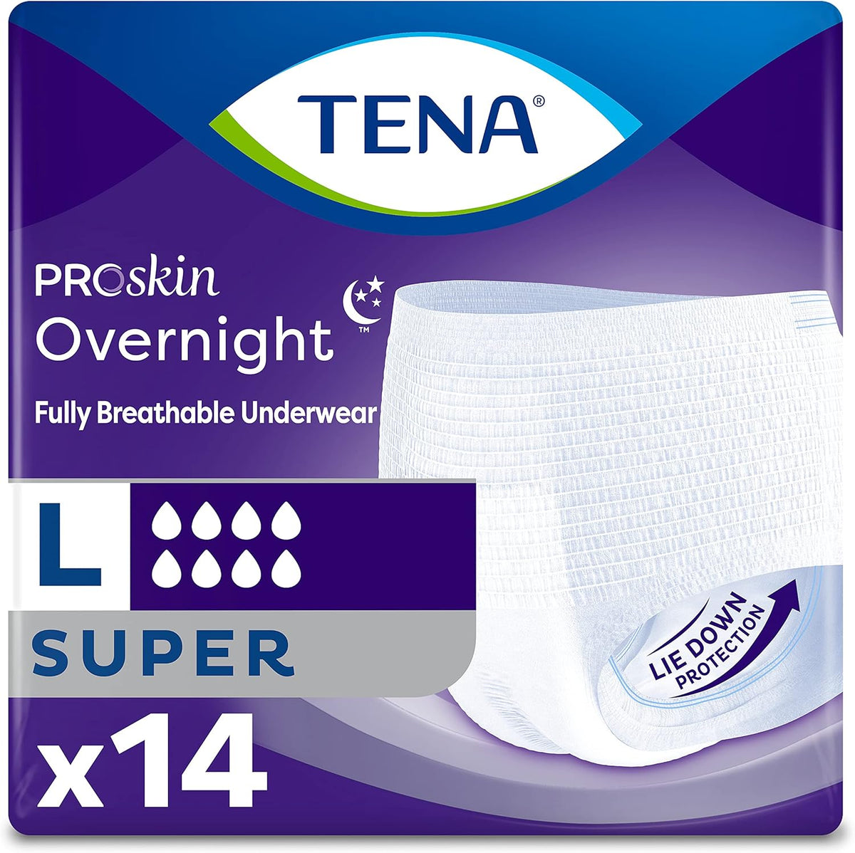 TENA ProSkin Overnight Super Protective Incontinence Underwear, Heavy Absorbency, Unisex, Large, 14 count O173