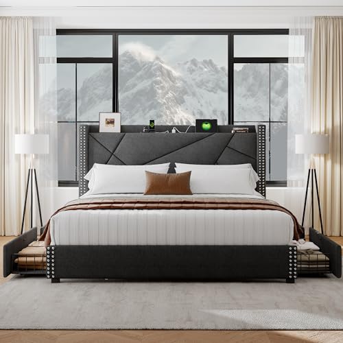 Light Grey Queen Bed Frame with 4 Storage Drawers W598147