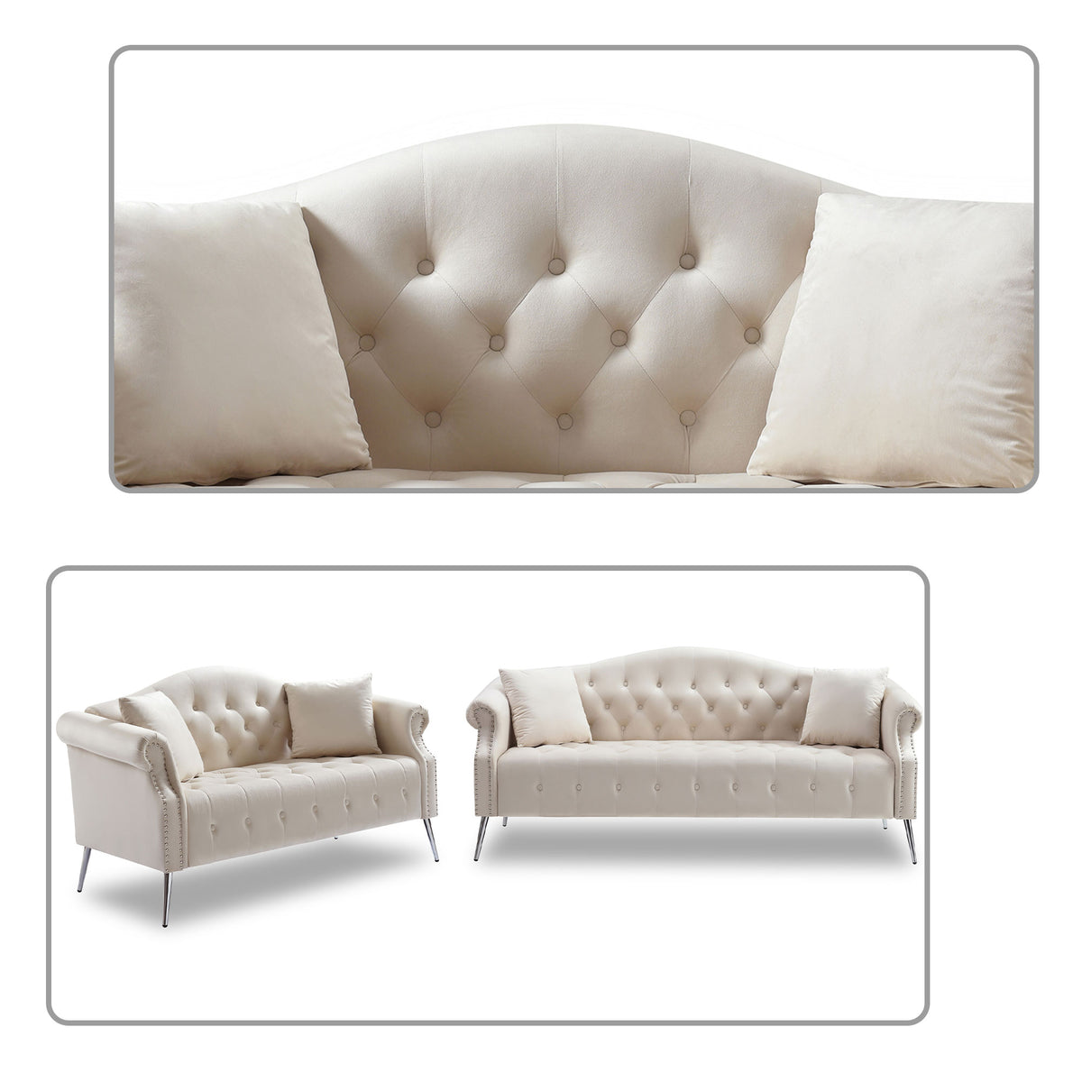 Beige Velvet Fabric Button Tufted Sofa with Roll Armrest and Metal Legs Z518096