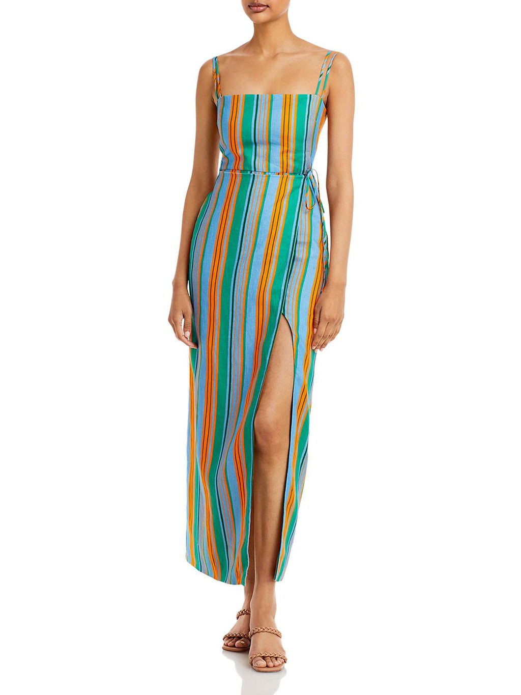 Linen Striped Wrap Dress F957