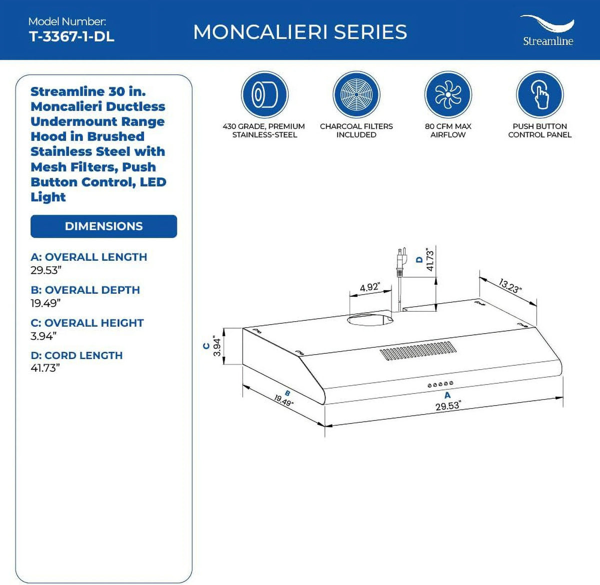 30 in. Ductless Undermount Range Hood in Brushed Stainless Steel with Mesh Filters D1124