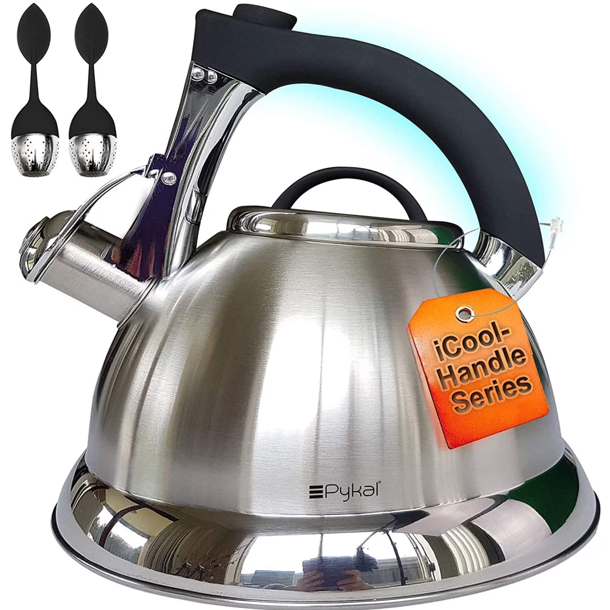 Silver Stainless Steel Whistling Tea Kettle with Handle and 2 Infusers W127