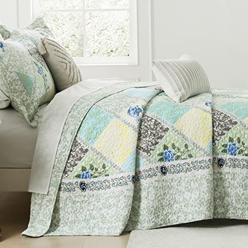 Blue Grey 100% Cotton Queen Size 3-Pieces Quilt Bedding Set W6992