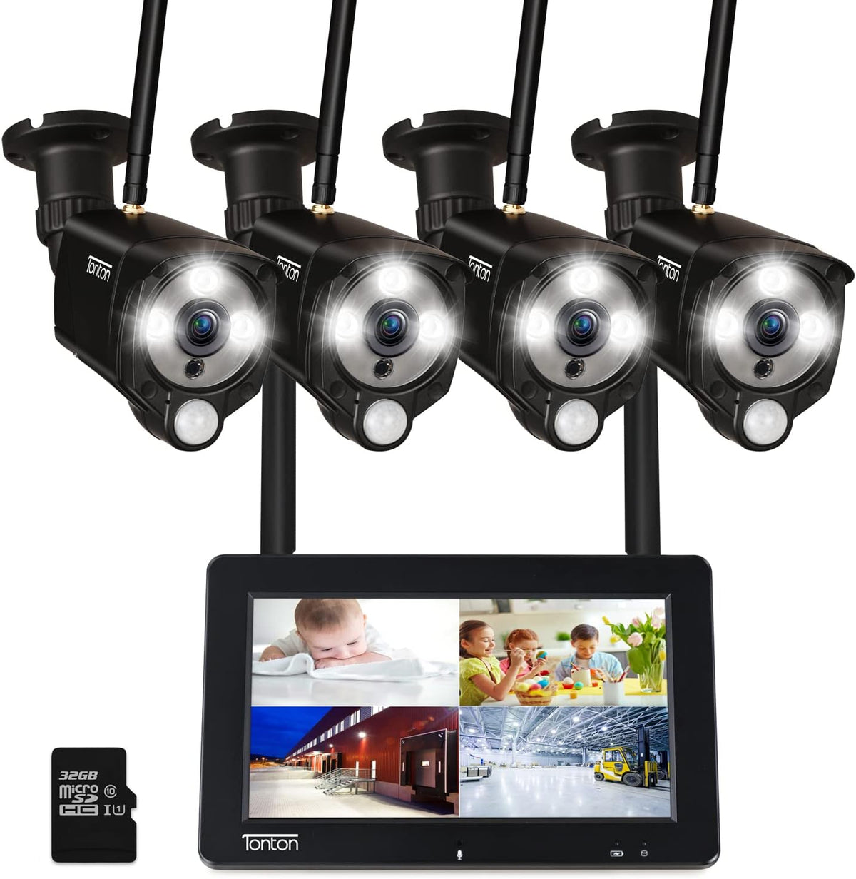 Portable LCD Security Camera System Wireless, 7" IPS Touchscreen Monitor with Battery, 4CH NVR and 4PCS 3MP Cameras with PIR Sensor, 32GB SD Card Included N6722