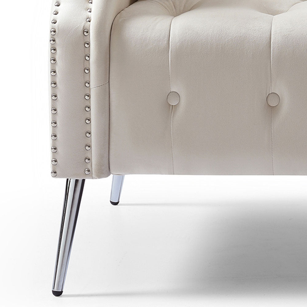 Beige Velvet Fabric Button Tufted Sofa with Roll Armrest and Metal Legs Z518096