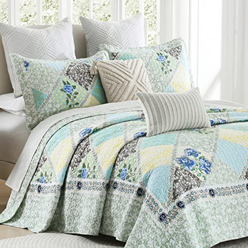 Blue Grey 100% Cotton Queen Size 3-Pieces Quilt Bedding Set W6992