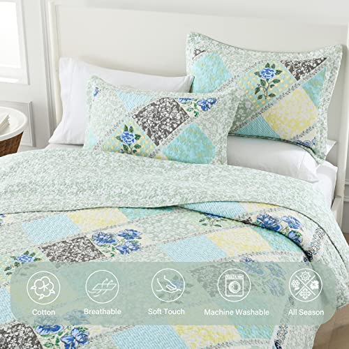 Blue Grey 100% Cotton Queen Size 3-Pieces Quilt Bedding Set W6992