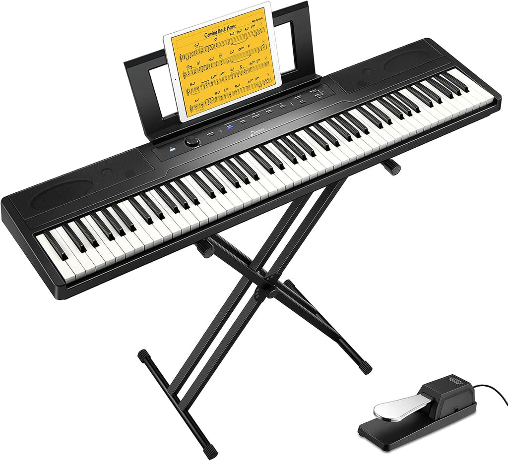 88 Key Semi Weighted Portable Digital Piano with Stand, Sustain Pedal, 20W Built in Speakers, 10 Voices, Headphone Output, Bluetooth MIDI Electric Keyboard G628