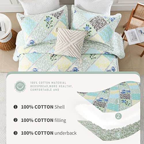 Blue Grey 100% Cotton Queen Size 3-Pieces Quilt Bedding Set W6992