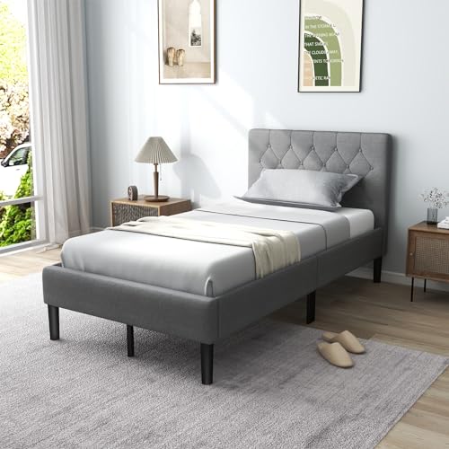 Grey Twin Upholstered Platform Bed with Button Tufted Headboard M944