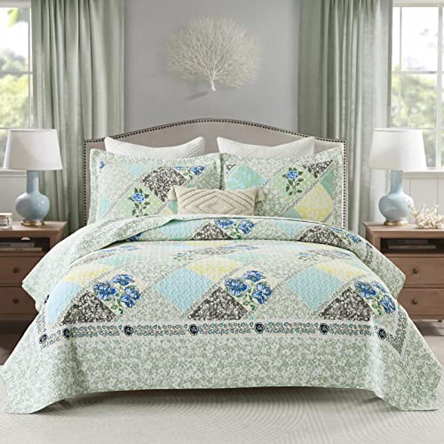 Blue Grey 100% Cotton Queen Size 3-Pieces Quilt Bedding Set W6992