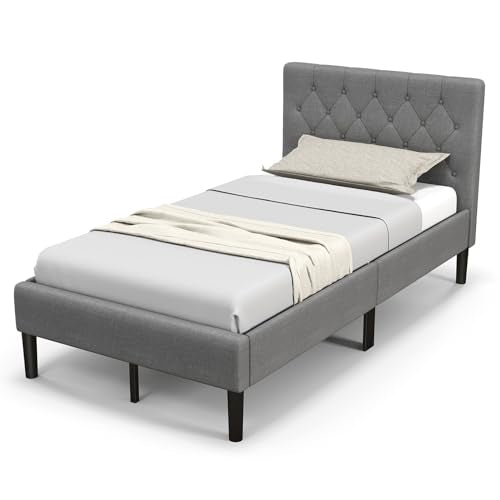 Grey Twin Upholstered Platform Bed with Button Tufted Headboard M944