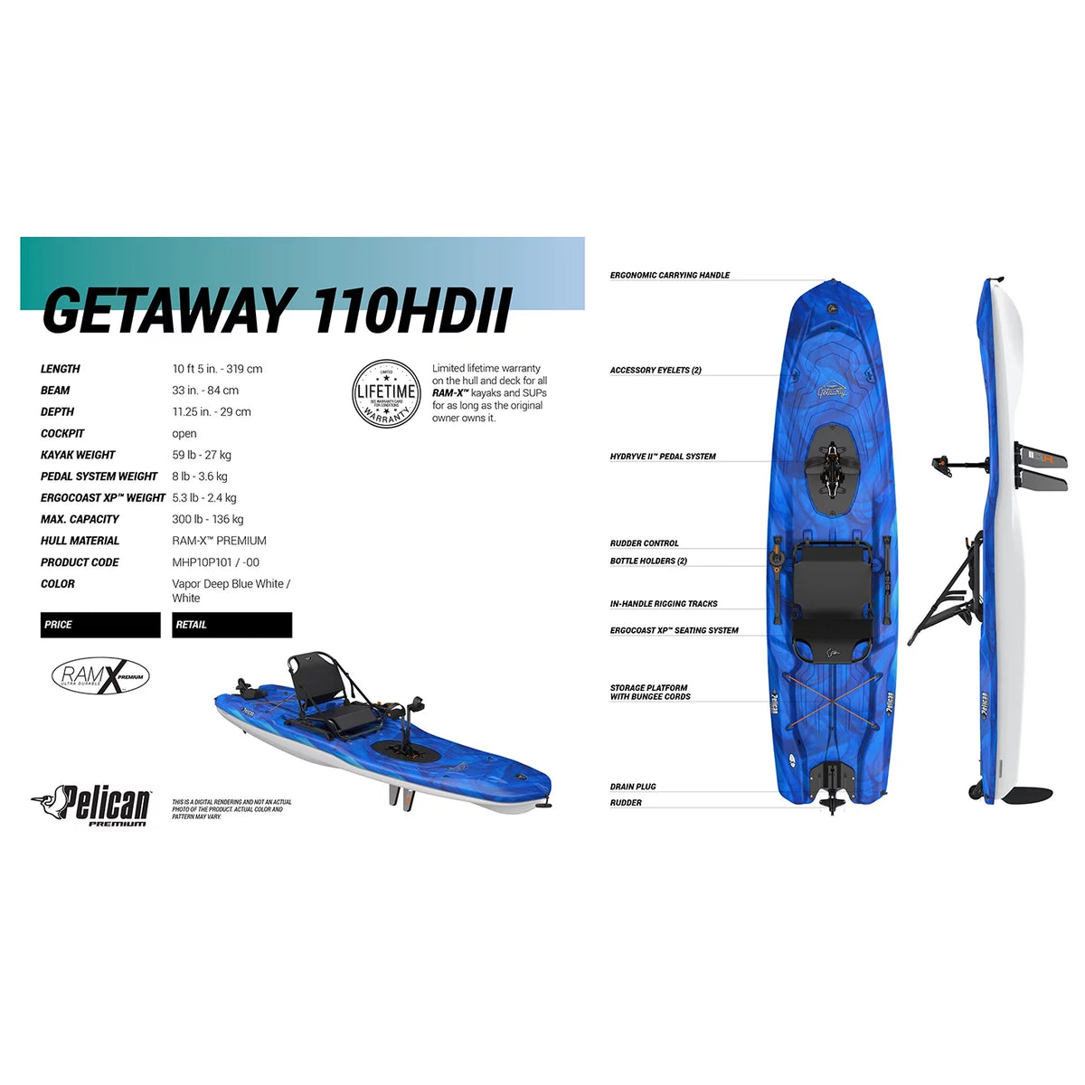 Sit-on-Top Recreational Pedal Kayak - 10 ft - Vapor Deep Blue/White M210