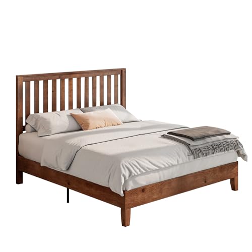 Walnut Full Size Solid Wood Platform Bed with Headboard M67220