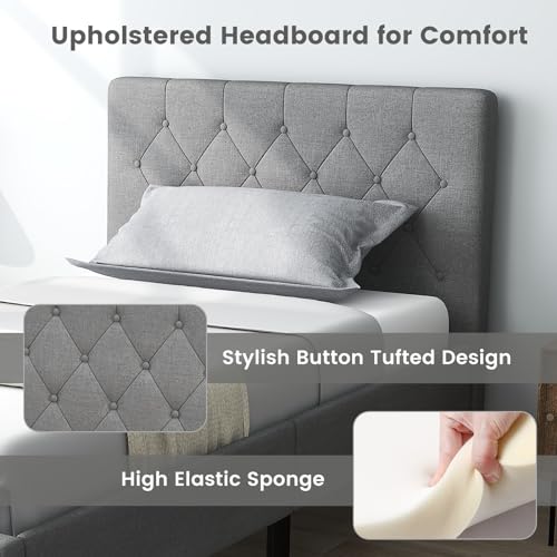 Grey Twin Upholstered Platform Bed with Button Tufted Headboard M944