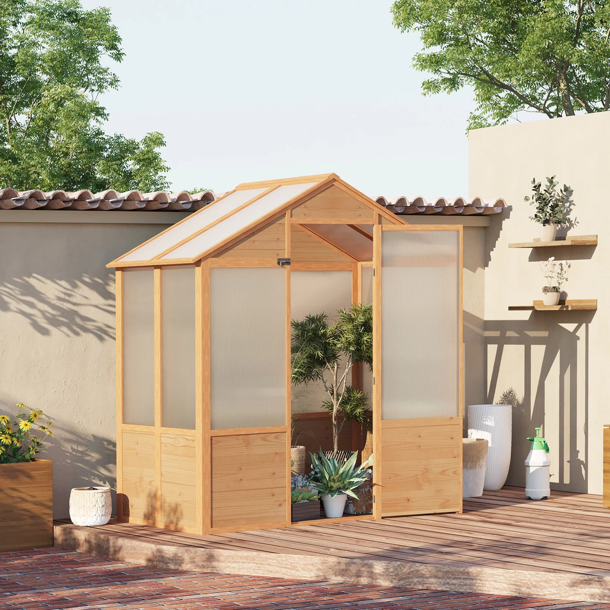 Natural Polycarbonate Wooden Greenhouse Q318891