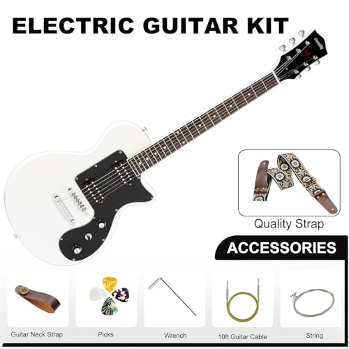 39 Inch Full Size Solid Body Electric Guitar Kit with HH Pickups, Gig Bag, Amplifier, Strap, Cable, Picks, String (White) J406