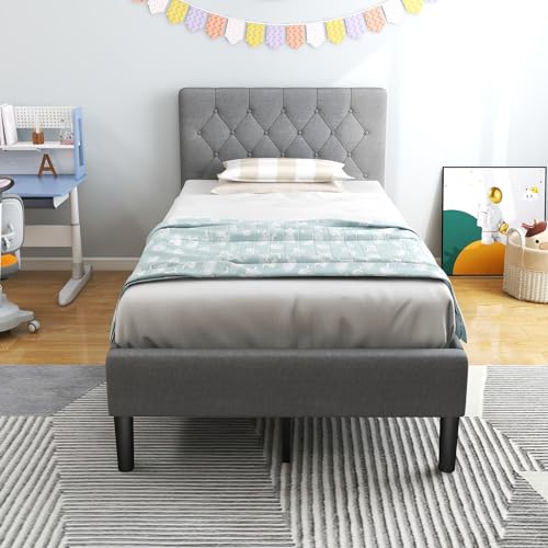 Grey Twin Upholstered Platform Bed with Button Tufted Headboard M944