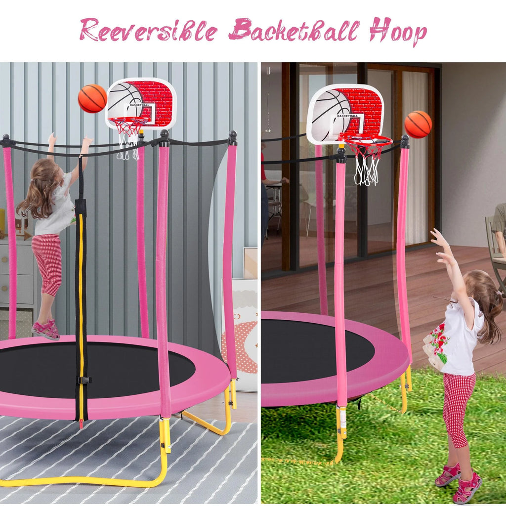 Pink Round Mini Toddler Trampoline with Enclosure and Basketball Hoop H358204