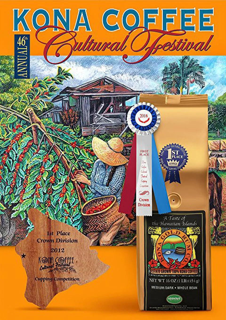 100% Kona Coffee Whole Beans 16 oz Medium Dark Roast H5982