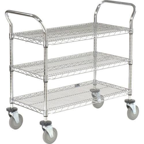 Utility Cart, 3 Shelf, Chrome, Polyurethane Casters F3981