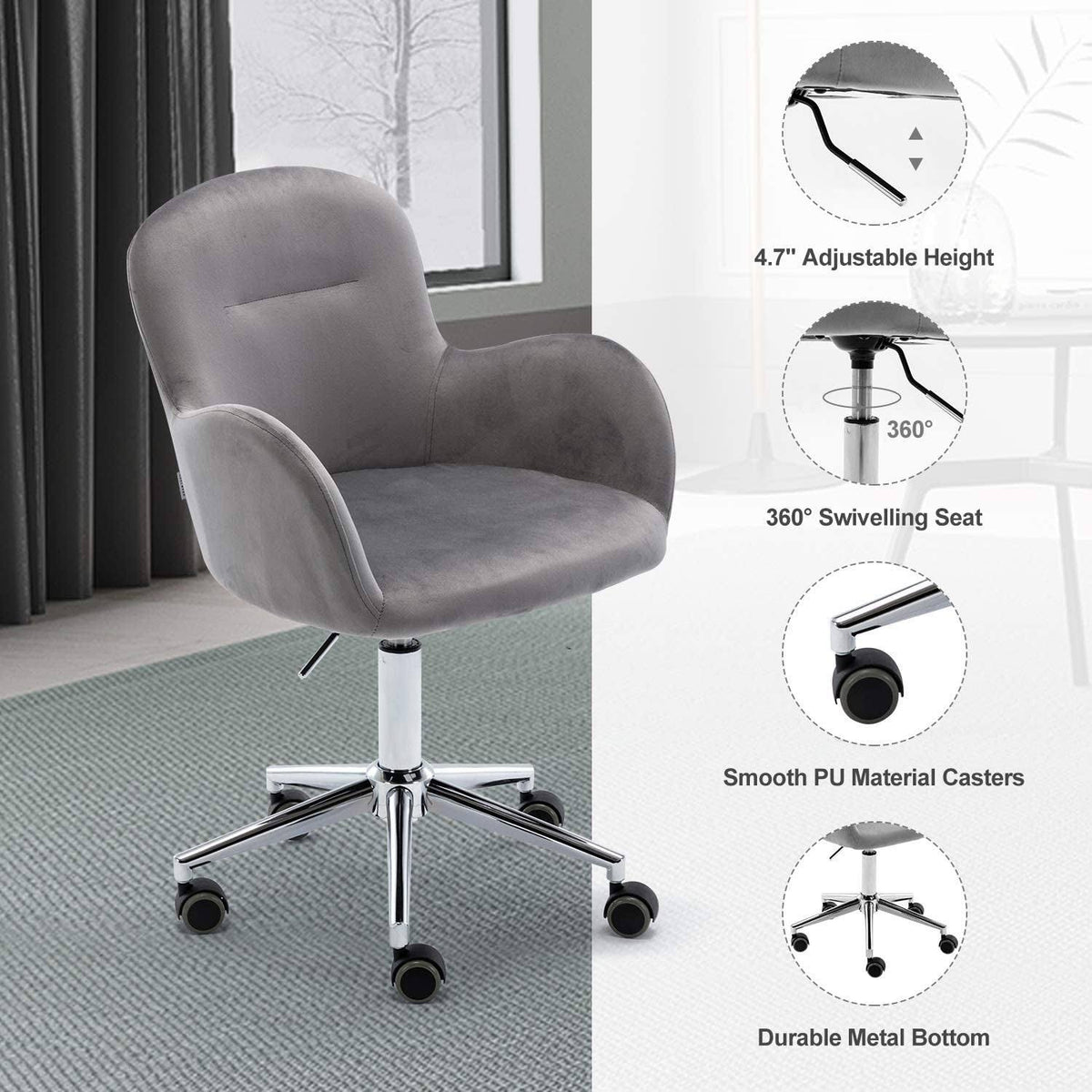 Velvet Swivel Desk Chair with Metal Base and Arms G373