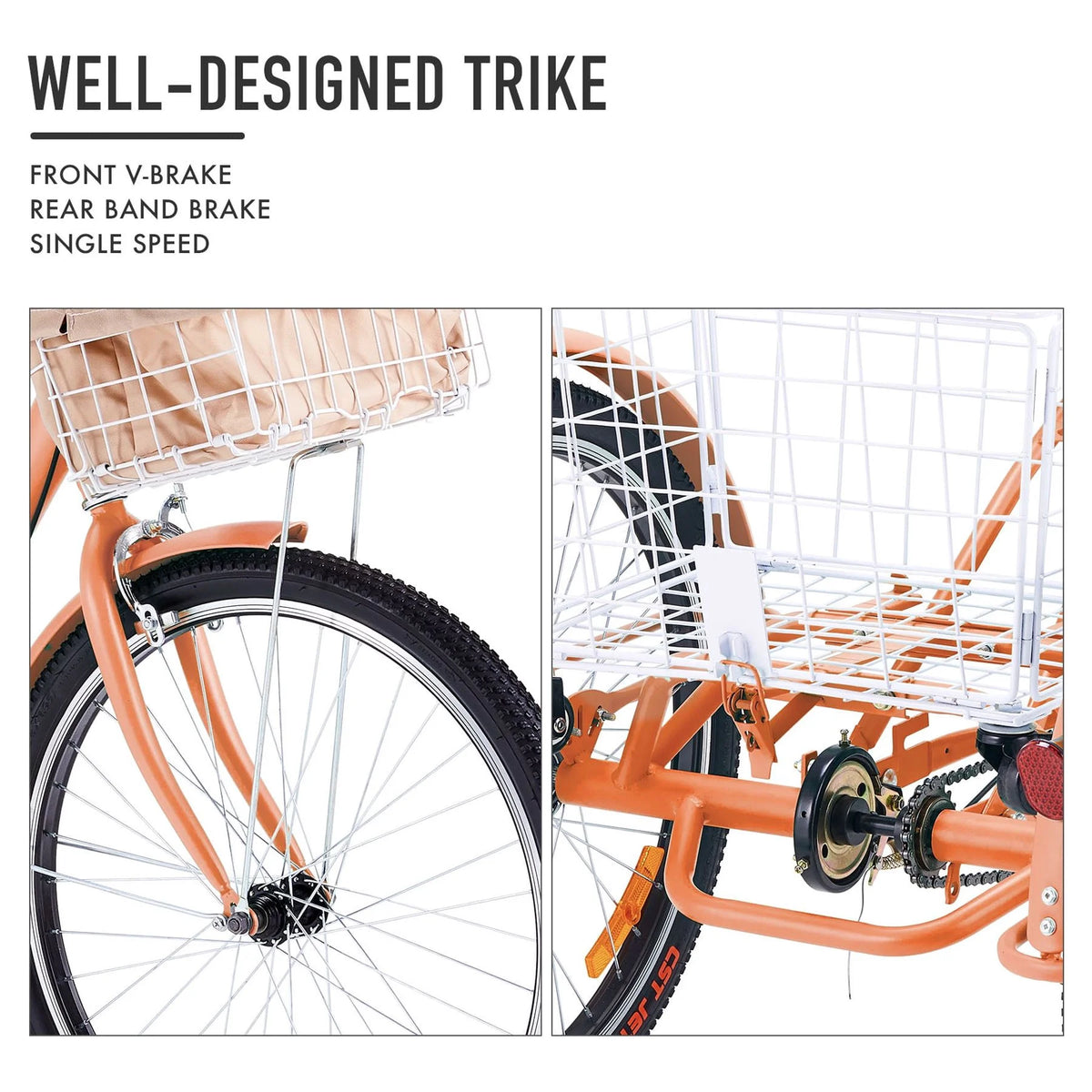 26Inch Single Speed Adult Tricycle 3 Wheel Cruiser Bike with Removable Wheeled Basket P45030