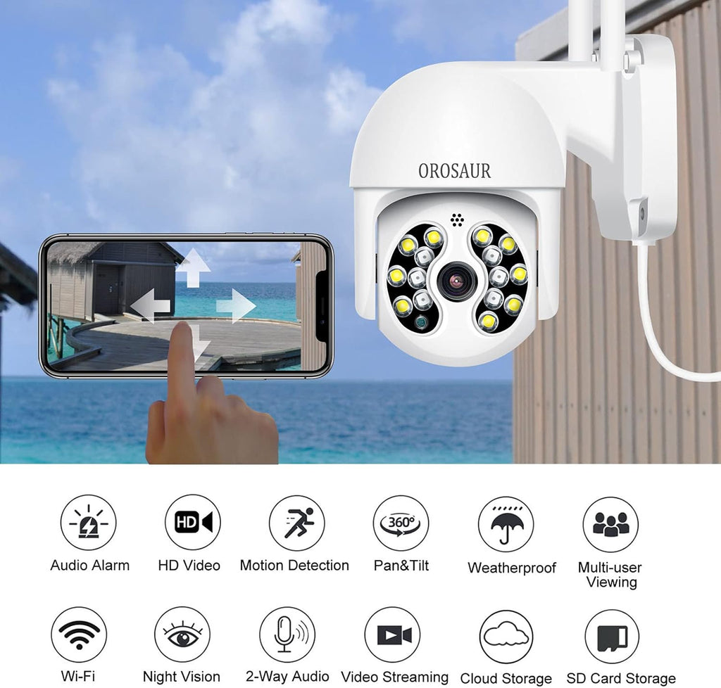 3MP PTZ Outdoor Security Camera with WiFi, 360° View, 1080P HD, IP66 Weatherproof, 2-Way Audio, Color Night Vision Q135141