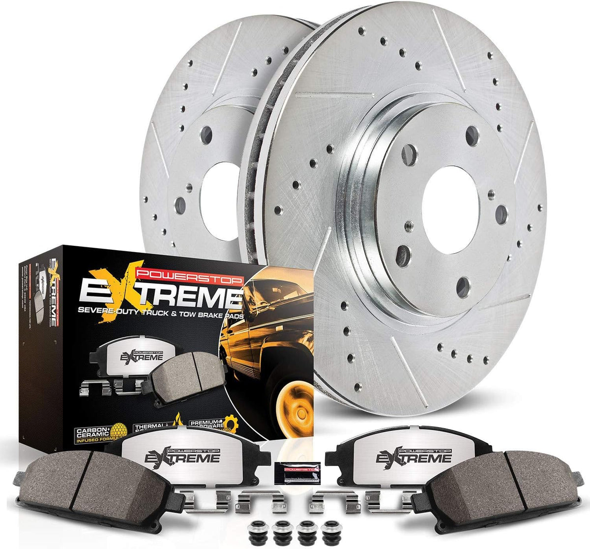 Front Z36 Carbon Fiber Ceramic Brake Pads and Drilled Slotted Brake Rotors V35749